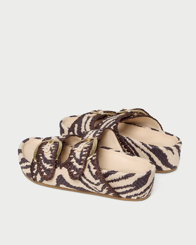 Nico Zebra Two-Band Sandal in zebra print woven cotton fabric.
