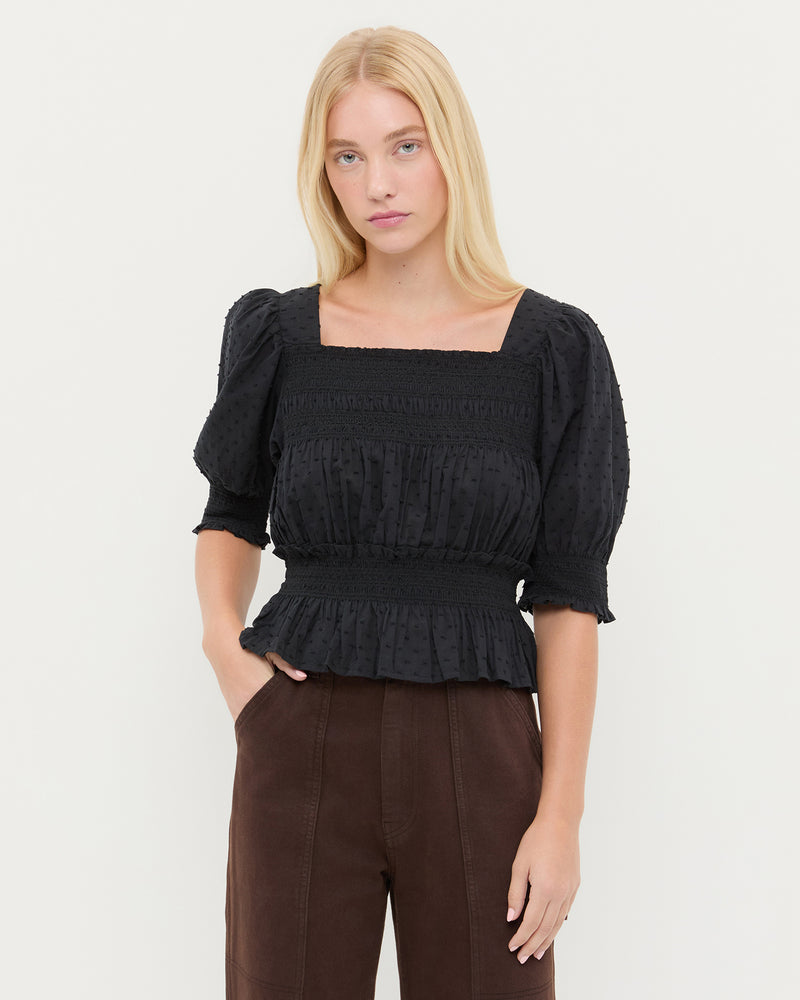 Nicola Smocked Blouse in black cotton.