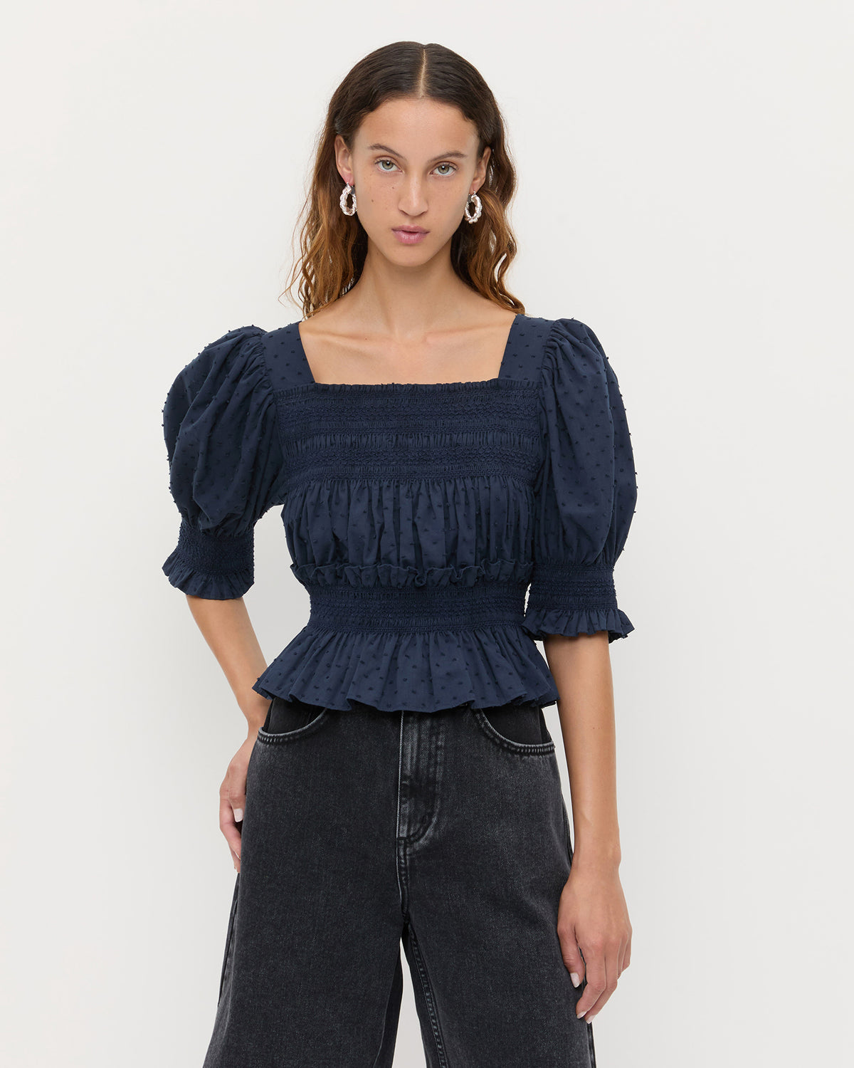 Nicola Smocked Blouse in navy cotton and Everett Denim Short in washed black denim.
