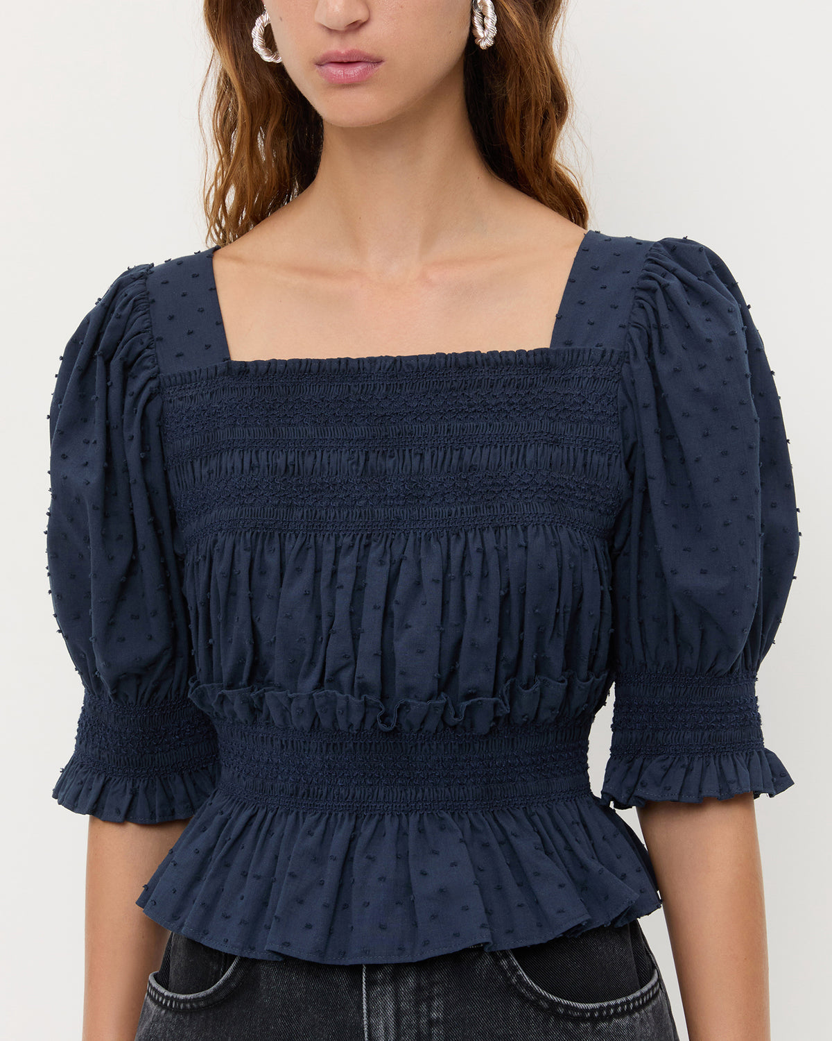 Nicola Smocked Blouse in navy cotton.