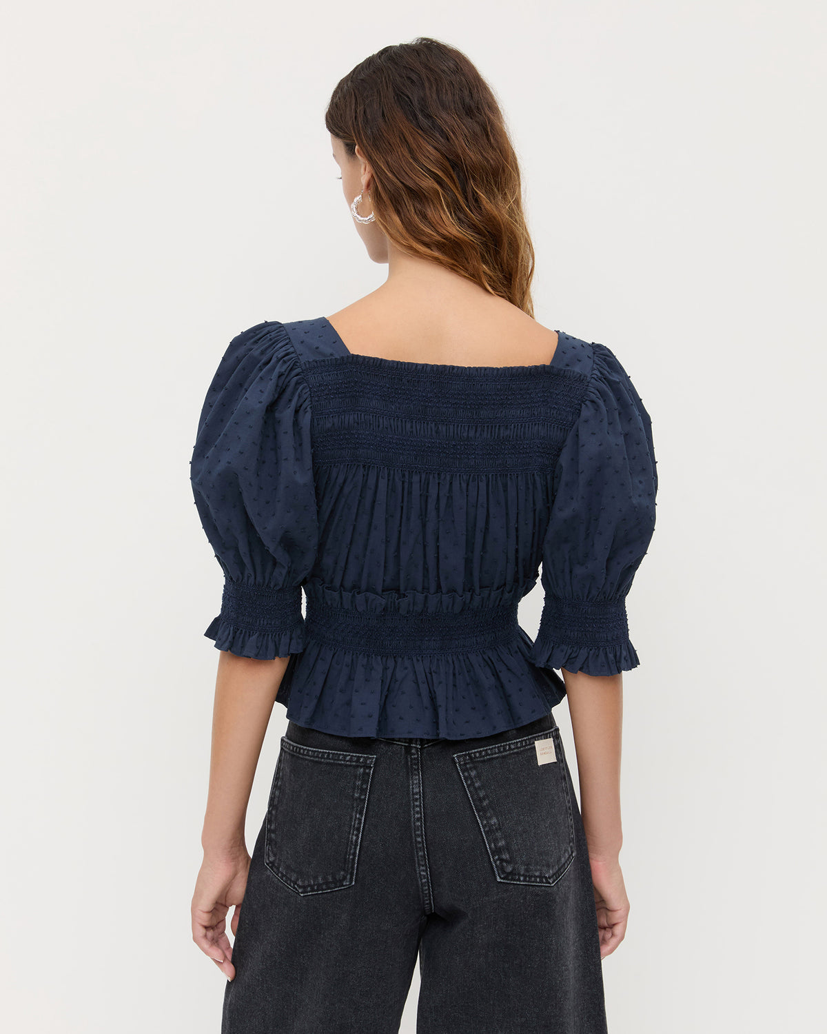 Nicola Smocked Blouse in navy cotton and Everett Denim Short in washed black denim.
