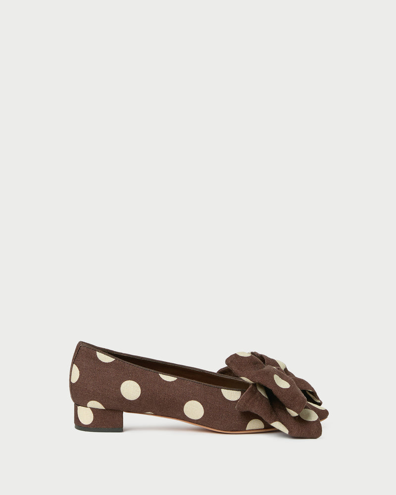 Noa Brown/Cream Polka Dot Linen Bow Flat in brown and cream polka dot linen.
