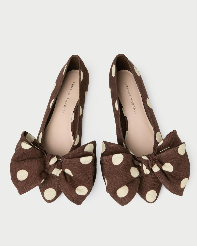 Noa Brown/Cream Polka Dot Linen Bow Flat in brown and cream polka dot linen.