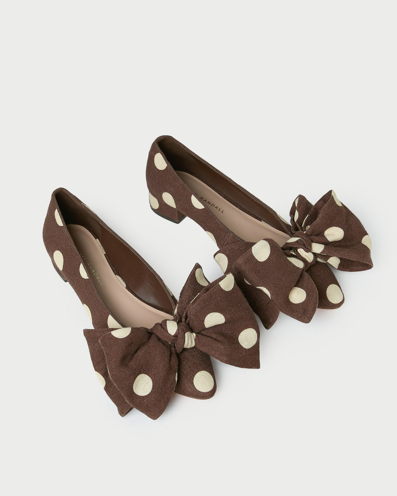 Noa Brown/Cream Polka Dot Linen Bow Flat in brown and cream polka dot linen.