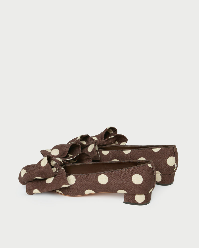 Noa Brown/Cream Polka Dot Linen Bow Flat in brown and cream polka dot linen.