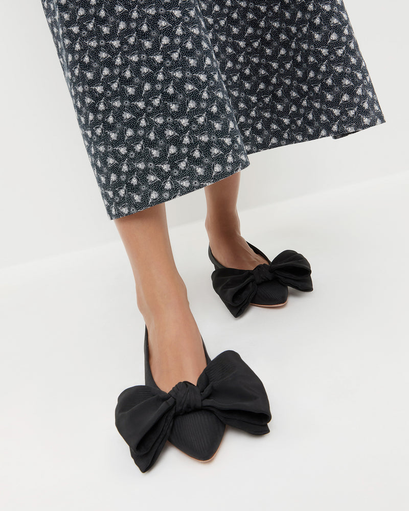 Noa Black Moiré Bow Flat in black moiré and Maxwell Dress in blue floral.