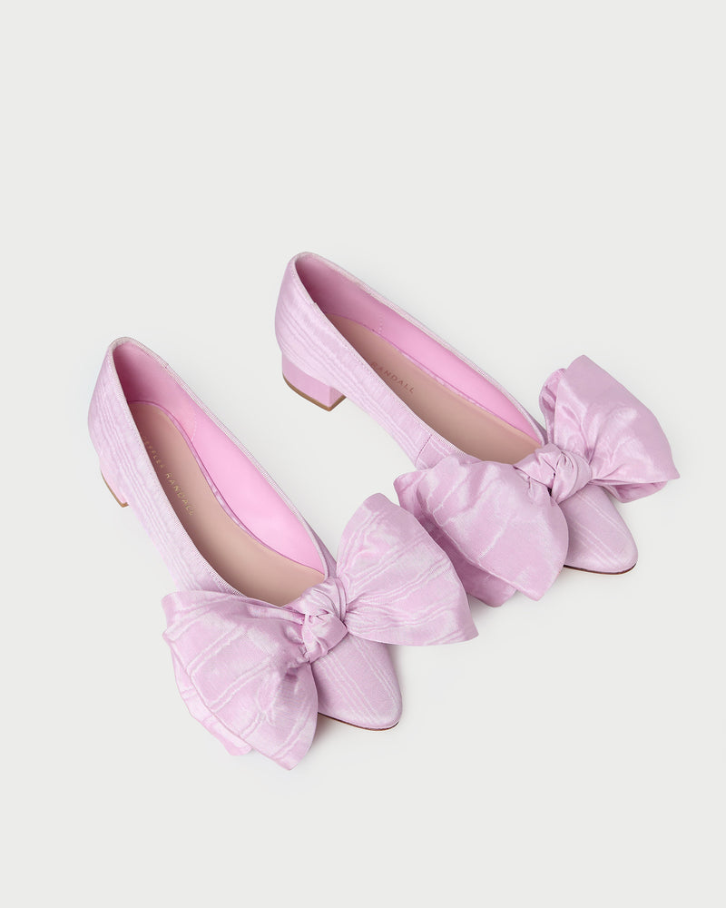 Noa Pink Moiré Bow Flat in powder pink moiré.