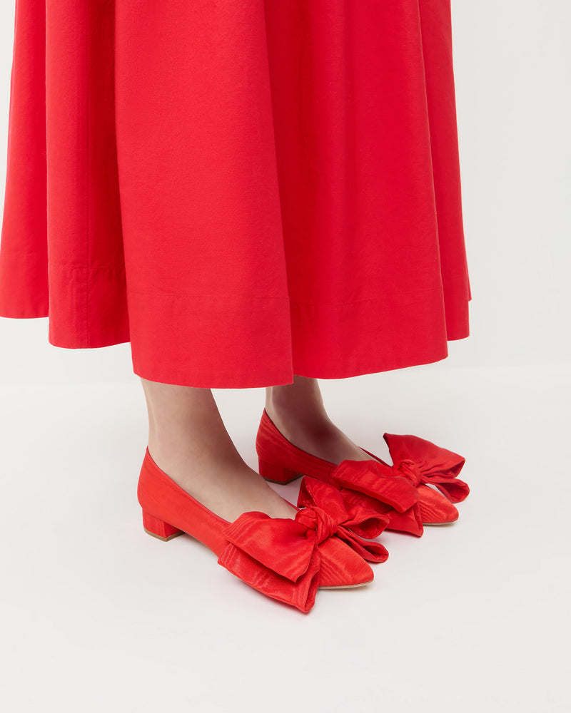 Noa Red Moiré Bow Flat in red moiré and Estelle Dress in red cotton.