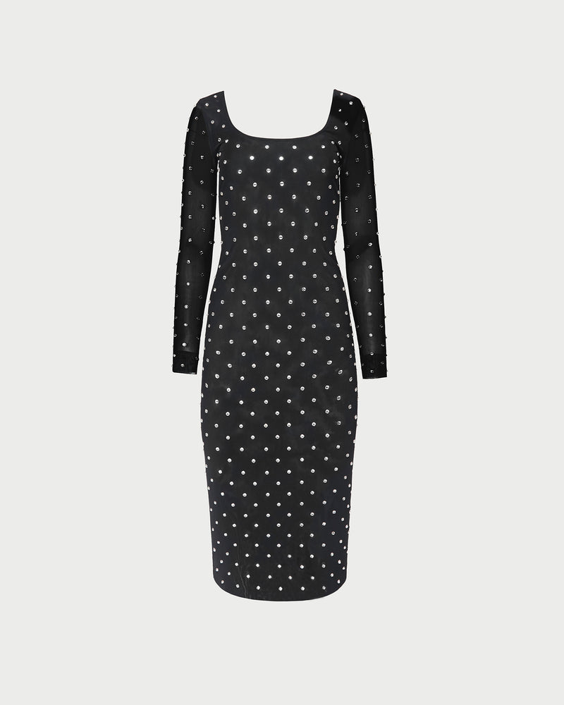 Nuri Mesh Dress in black nylon mesh with crystal accents all over.