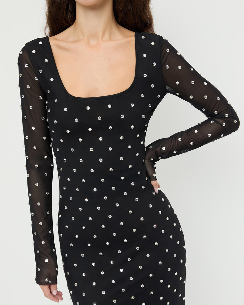 Nuri Mesh Dress in black nylon mesh with crystal accents all over.
