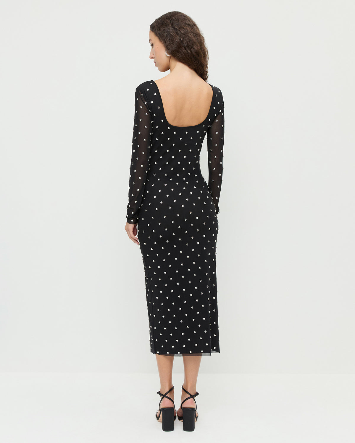 Nuri Mesh Dress in black nylon mesh with crystal accents all over and Malia Black/Diamond Curved-Heel Sandal.