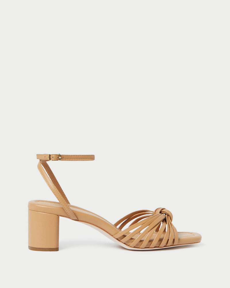 Olivia Dune Knot Mid-Heel Sandal in dune brown leather.