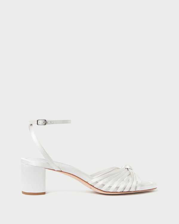 Olivia Cream Knot Mid-Heel Sandal in cream Italian satin