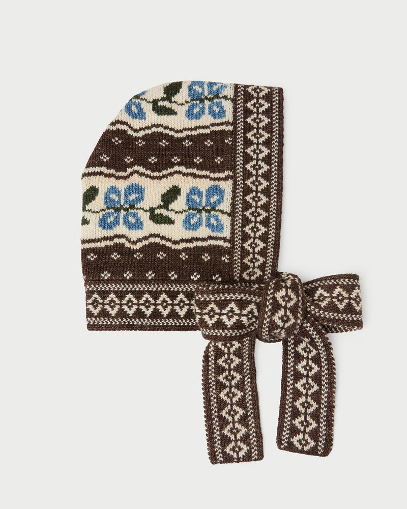 Ophelia Brown/Floral Intarsia Bonnet in brown and blue intarsia knit wool.