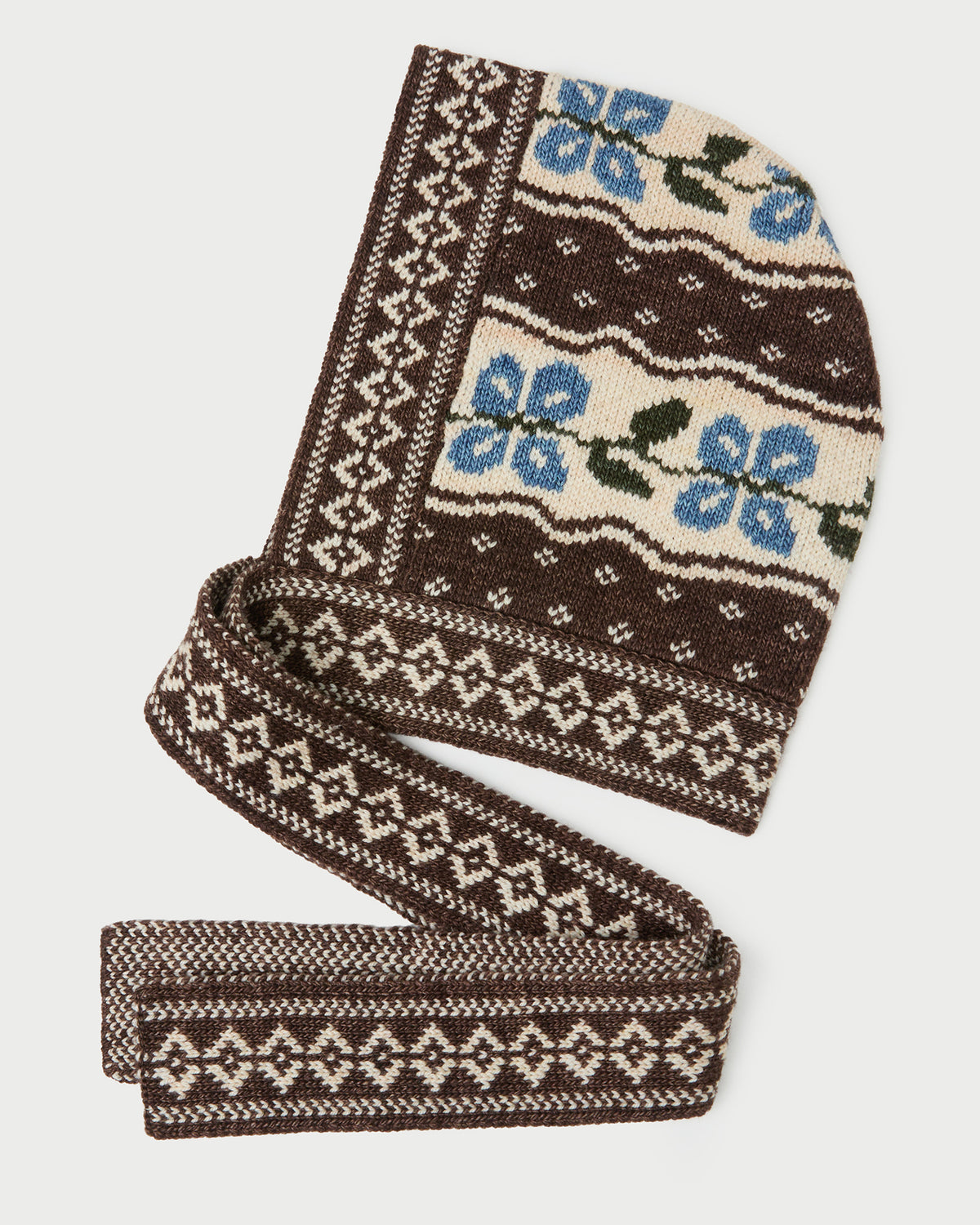 Ophelia Brown/Floral Intarsia Bonnet in brown and blue intarsia knit wool.
