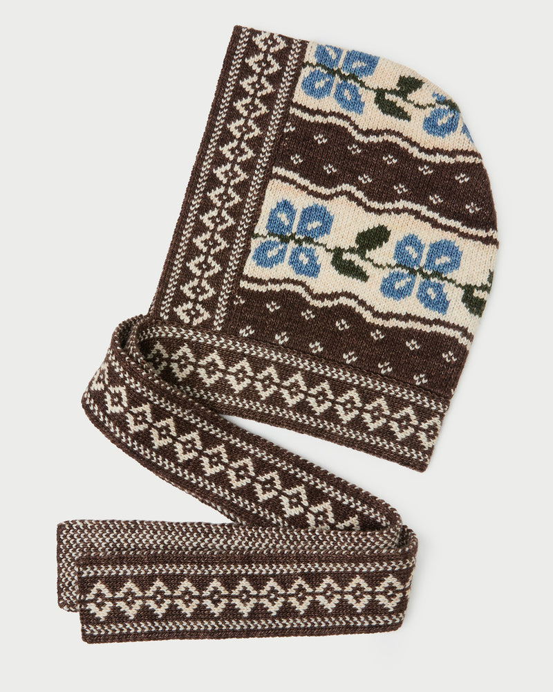 Ophelia Brown/Floral Intarsia Bonnet in brown and blue intarsia knit wool.