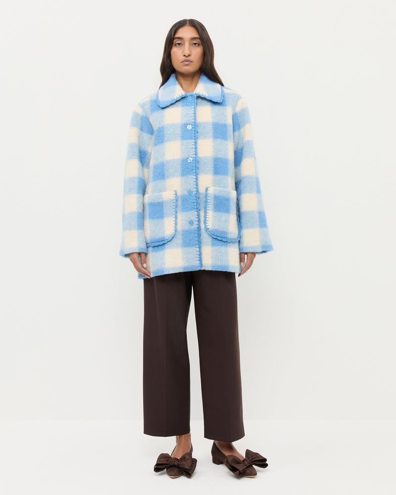 Patsy Wool Coat in cornflower blue and cream plaid wool blend.