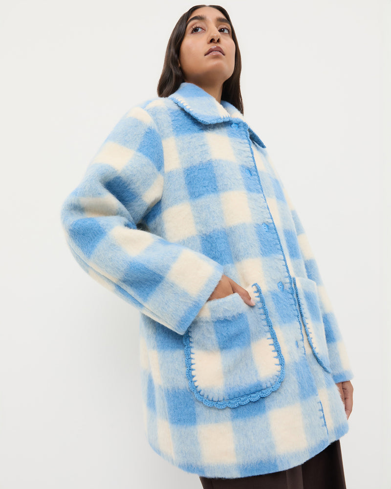 Patsy Wool Coat in cornflower blue and cream plaid wool blend.