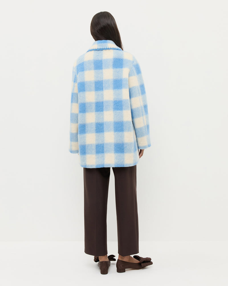 Patsy Wool Coat in cornflower blue and cream plaid wool blend.