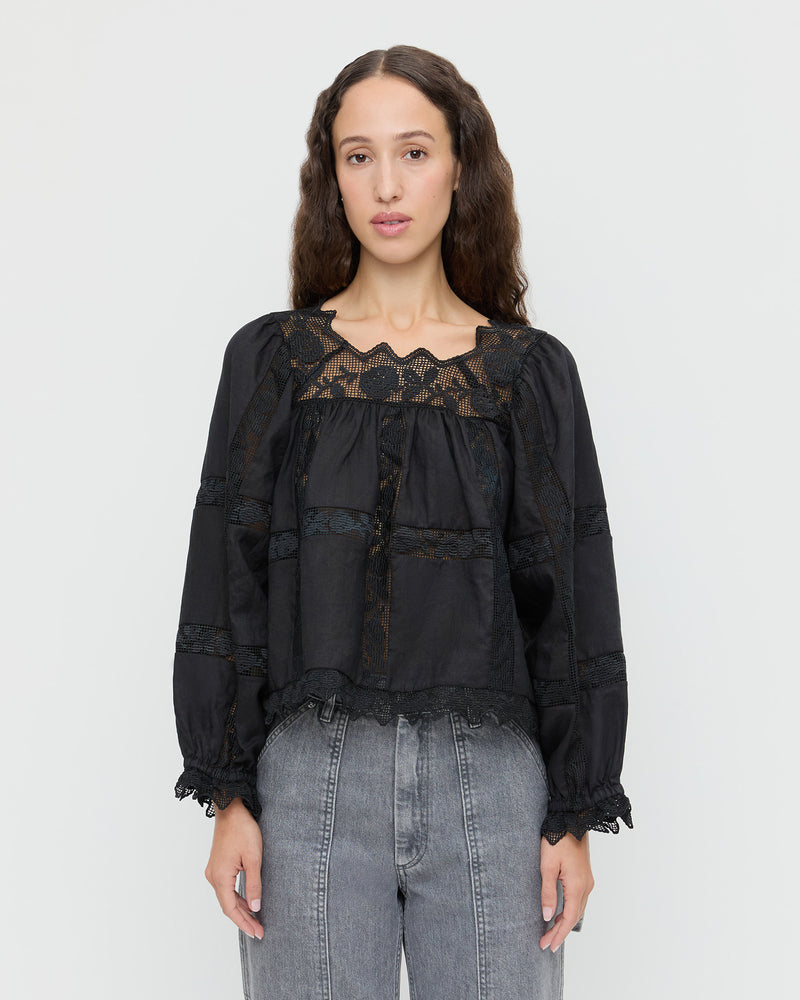 Pauline Embroidered Lace Blouse in black cotton and Molly Workwear Jean in grey denim.