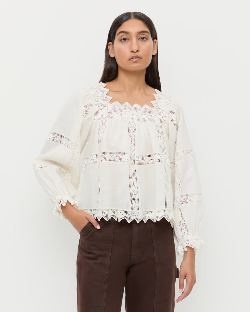 Pauline Embroidered Lace Blouse in cream cotton, and Molly Workwear Jean in dark brown denim.