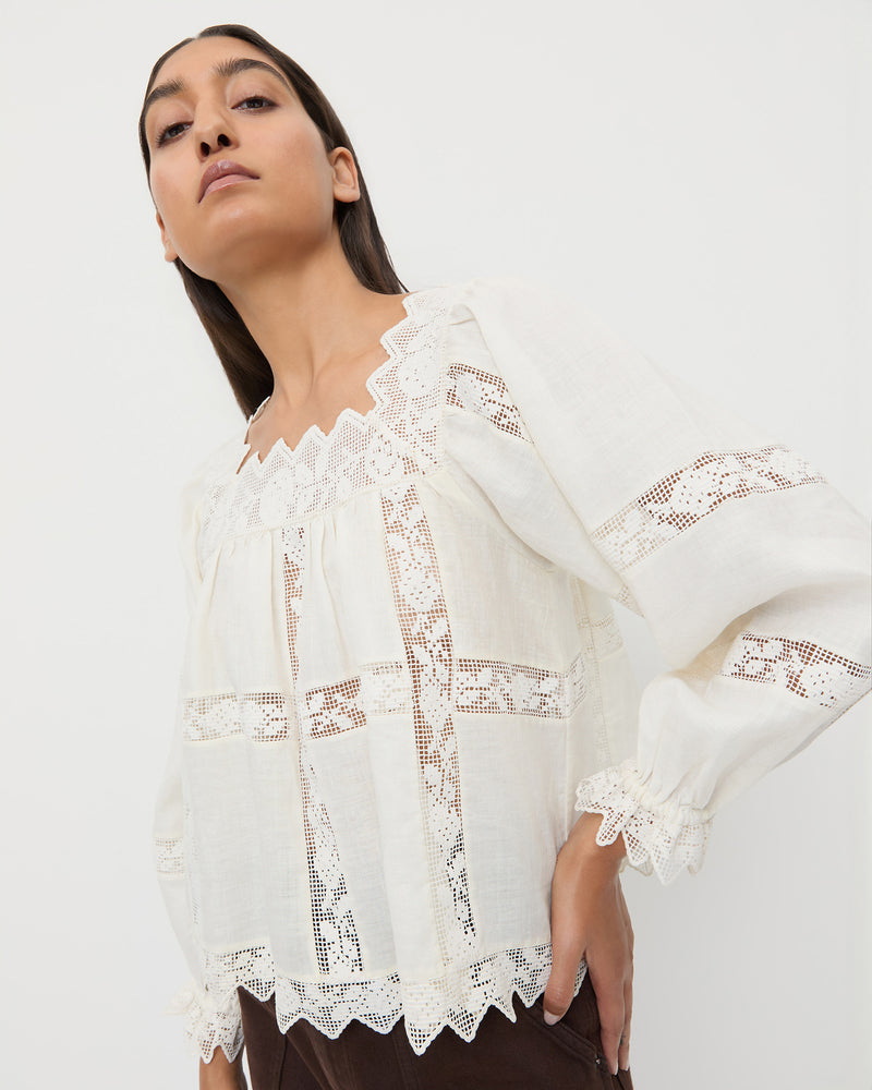 Pauline Embroidered Lace Blouse in cream cotton, and Molly Workwear Jean in dark brown denim.