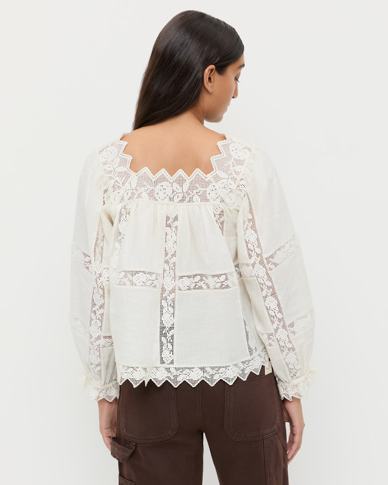 Pauline Embroidered Lace Blouse in cream cotton, and Molly Workwear Jean in dark brown denim.