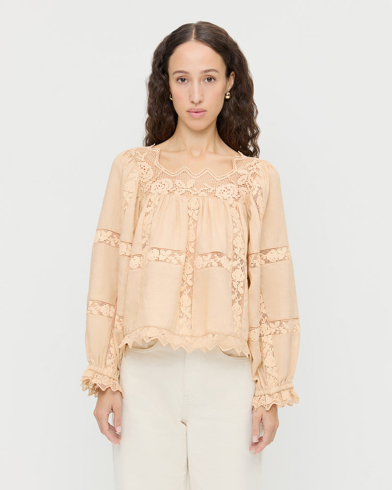 Pauline Embroidered Lace Blouse in tan cotton and Winona Denim Pant in natural denim.
