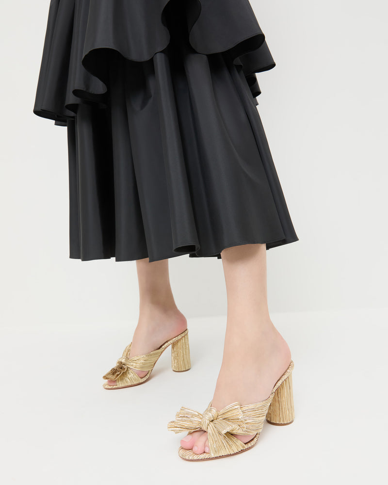 Penny Gold Pleated Bow Heel in gold lamé and Sora Skirt in black taffeta.
