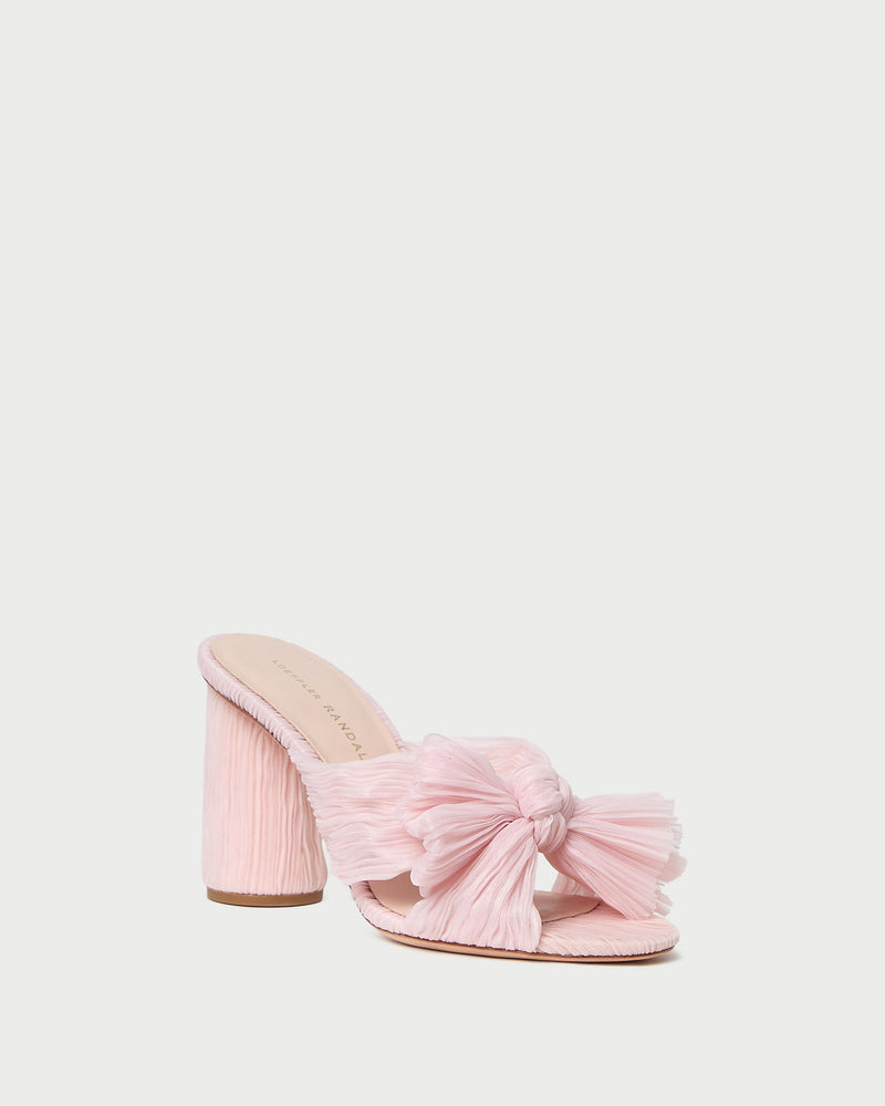 Penny Pink Pleated Organza Bow Heel in pale pink organza fabric.