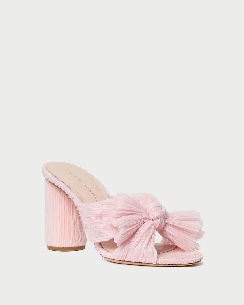 Penny Pink Pleated Organza Bow Heel in pale pink organza fabric.