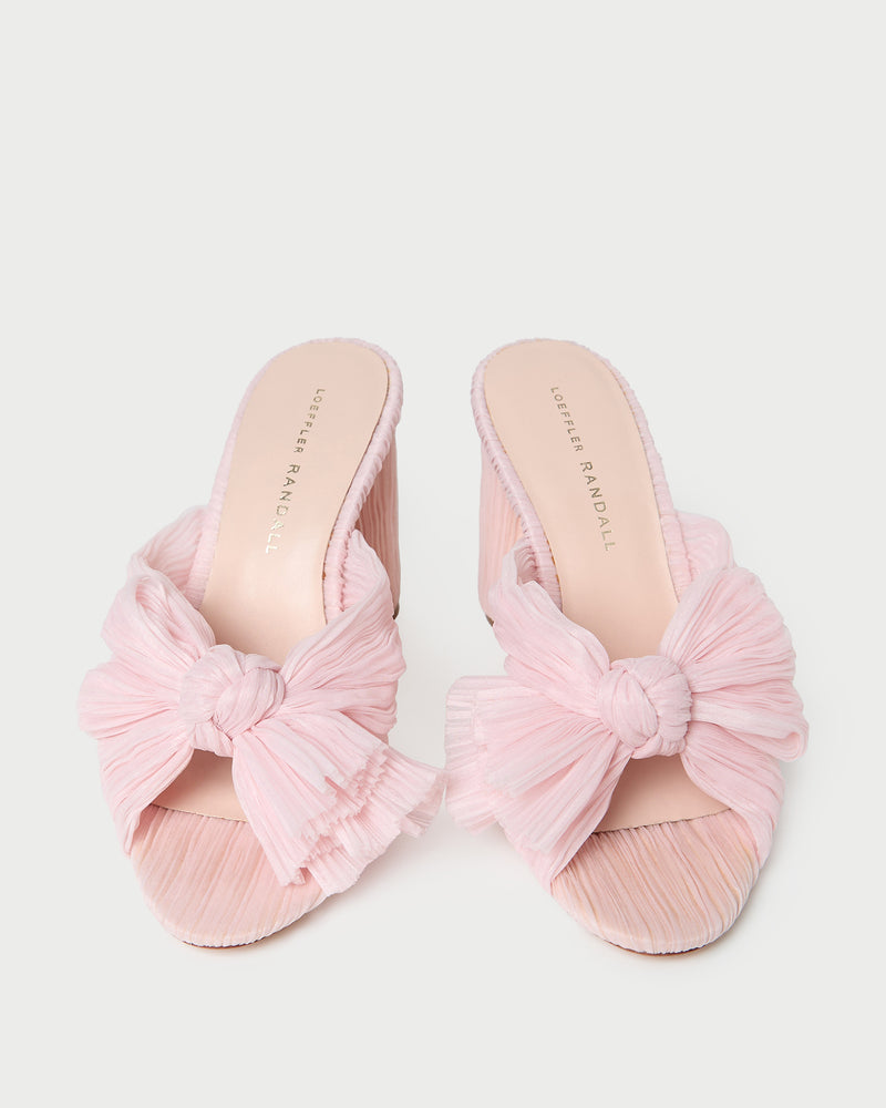 Penny Pink Pleated Organza Bow Heel in pale pink organza fabric.
