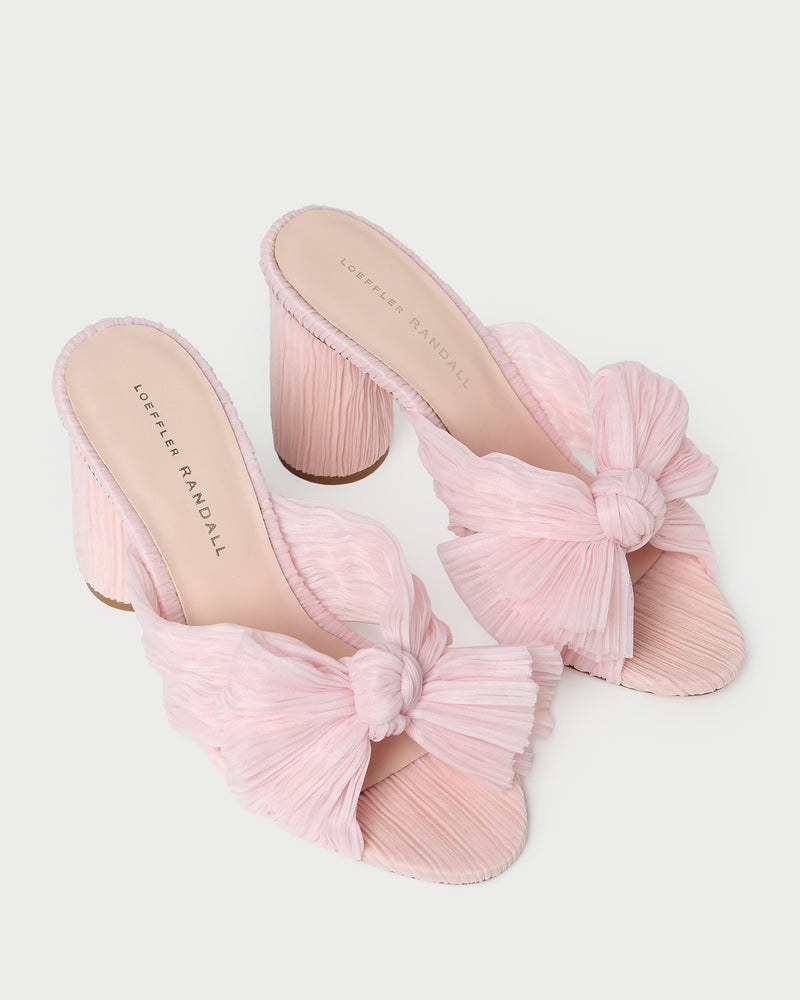 Penny Pink Pleated Organza Bow Heel in pale pink organza fabric.