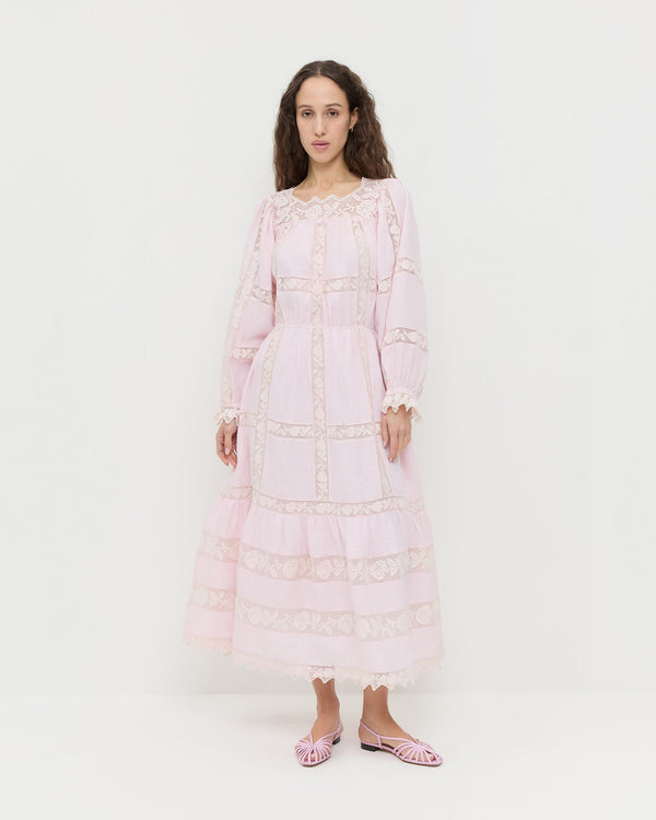 Perrin Dress in pale pink fabric and Devon Pink Moiré Slingback Sandal.