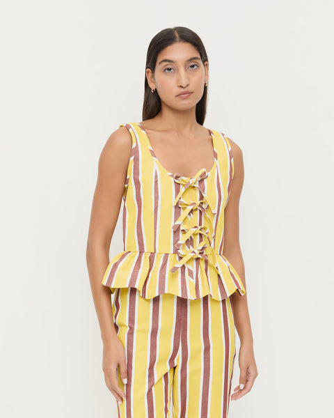Pilar Yellow/Brown Tie-Front Top | Tops