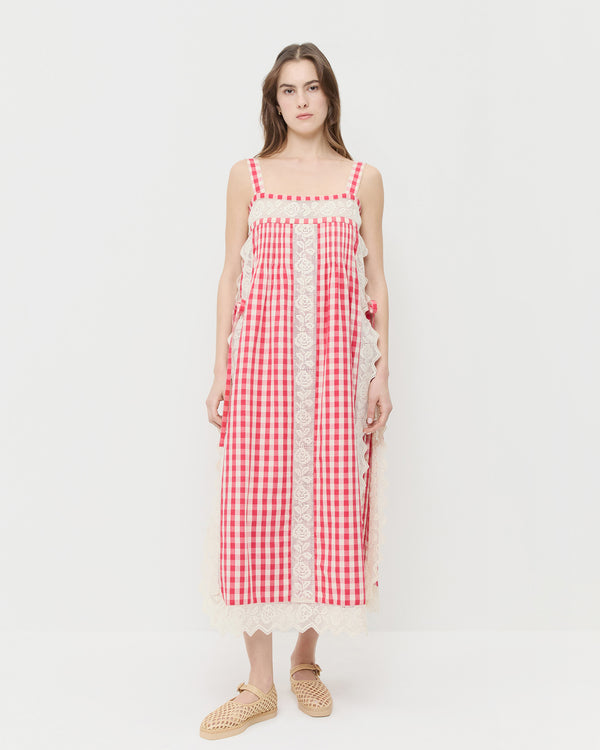 Poppy Lace Trim Dress in red gingham cotton and Rita Natural Mary Jane.