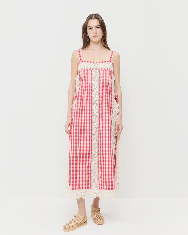 Poppy Lace Trim Dress in red gingham cotton and Rita Natural Mary Jane.