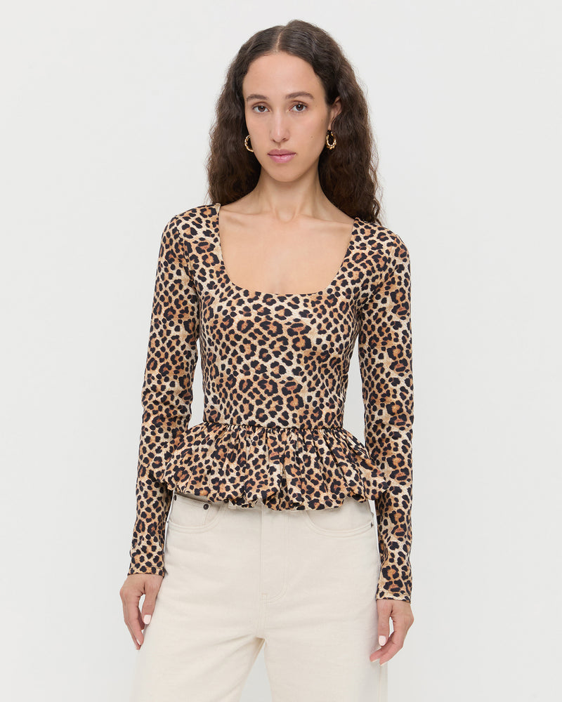 Posie Peplum Top in leopard print jersey material and Winona Denim Barrel Pants in natural.