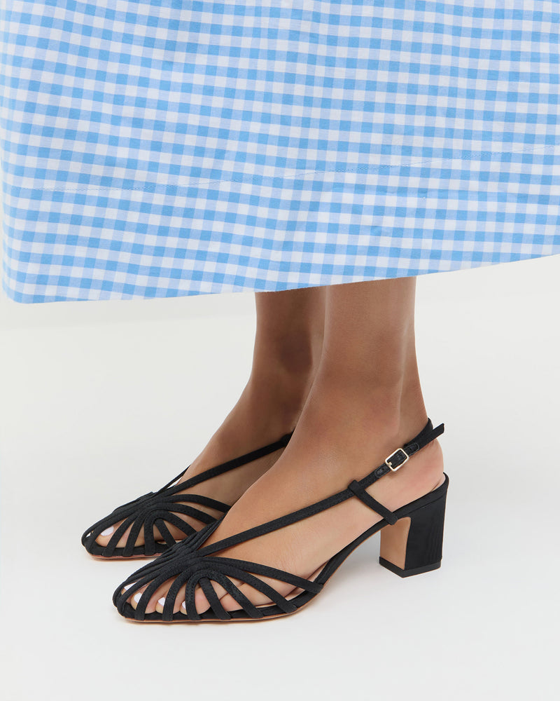 Priscilla Black Moiré Heeled Sandal in black moiré and Estelle Dress in blue gingham cotton.
