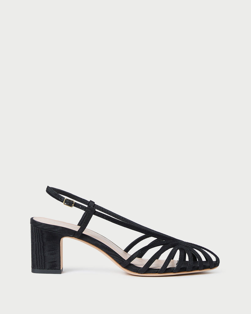 Priscilla Black Moiré Heeled Sandal in black moiré.
