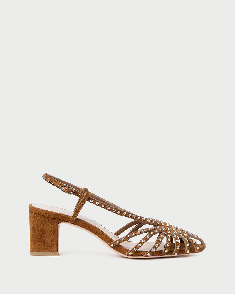 Priscilla Cacao/Silver Suede Heeled Sandal in cacao brown suede and silver studs.