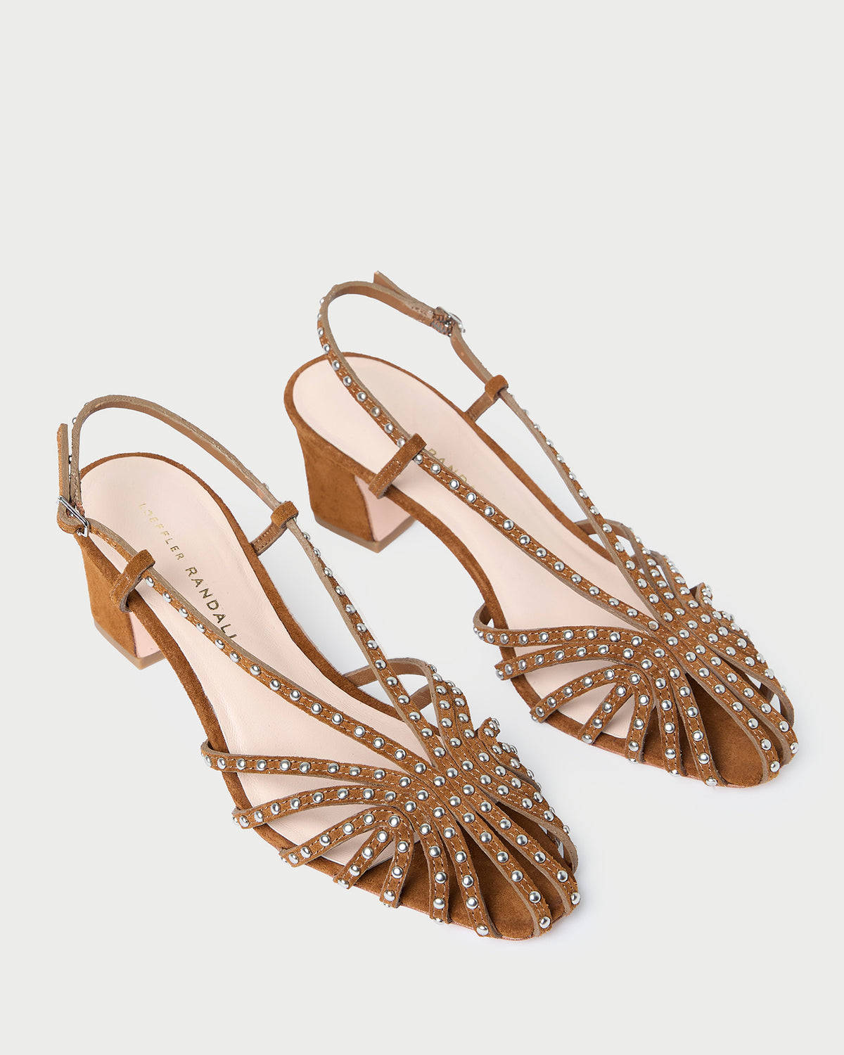 Priscilla Cacao/Silver Suede Heeled Sandal in cacao brown suede and silver studs.