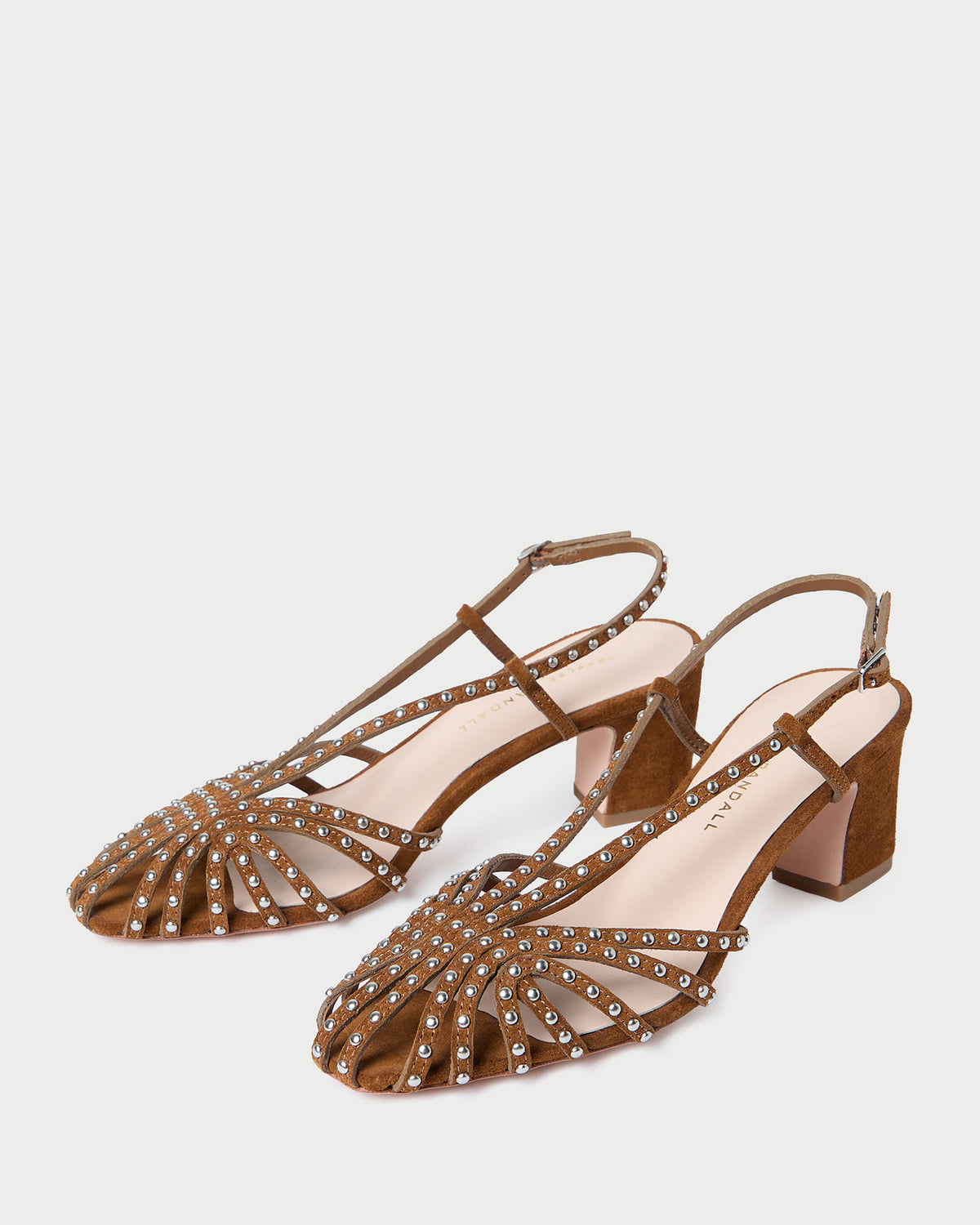 Priscilla Cacao/Silver Suede Heeled Sandal in cacao brown suede and silver studs.