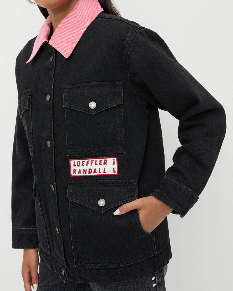 Quincy Jacket in black denim and pink corduroy.