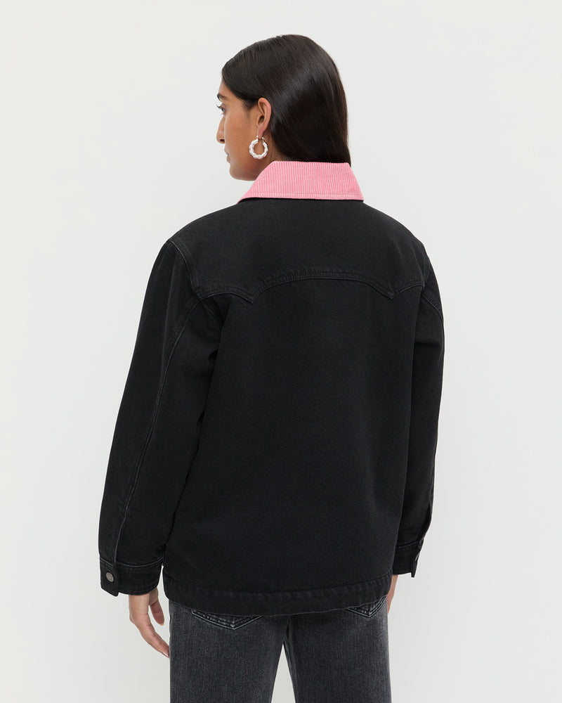 Quincy Jacket in black denim and pink corduroy and Winona Denim Barrel Pant in washed black.
