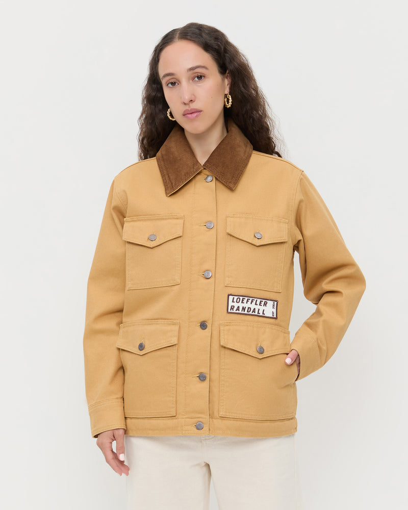 Quincy Jacket in canvas tan and brown corduroy in Winona Denim Barrel Pant in natural.