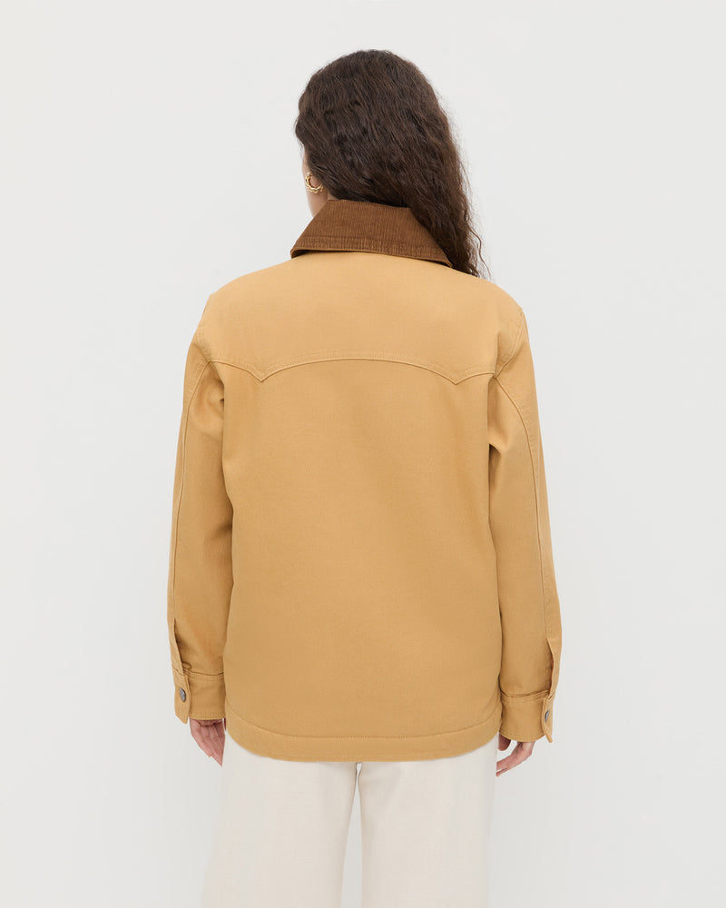 Quincy Jacket in canvas tan and brown corduroy in Winona Denim Barrel Pant in natural.