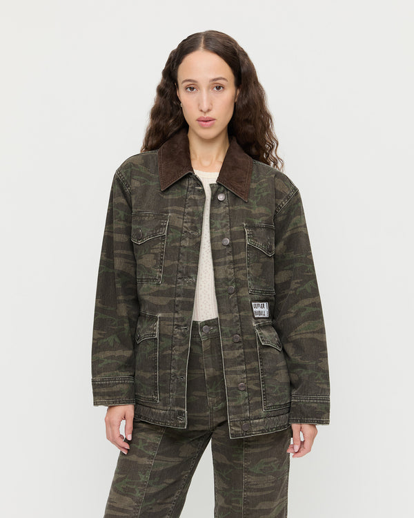 Quincy Jacket in dark camo denim, Molly Workwear Jean in dark camo denim, and Lolo Pointelle Long-Sleeve Top in cream pointelle.