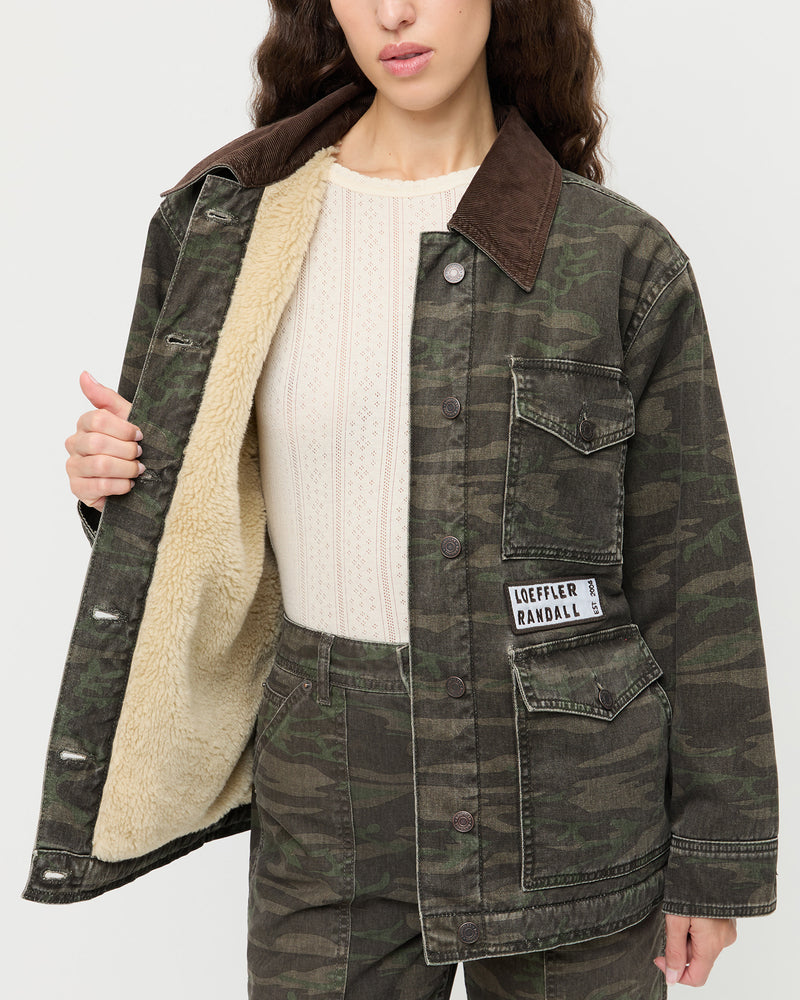 Quincy Jacket in dark camo denim, Molly Workwear Jean in dark camo denim, and Lolo Pointelle Long-Sleeve Top in cream pointelle.