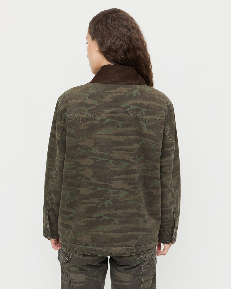 Quincy Jacket in dark camo denim and Molly Workwear Jean in dark camo denim.